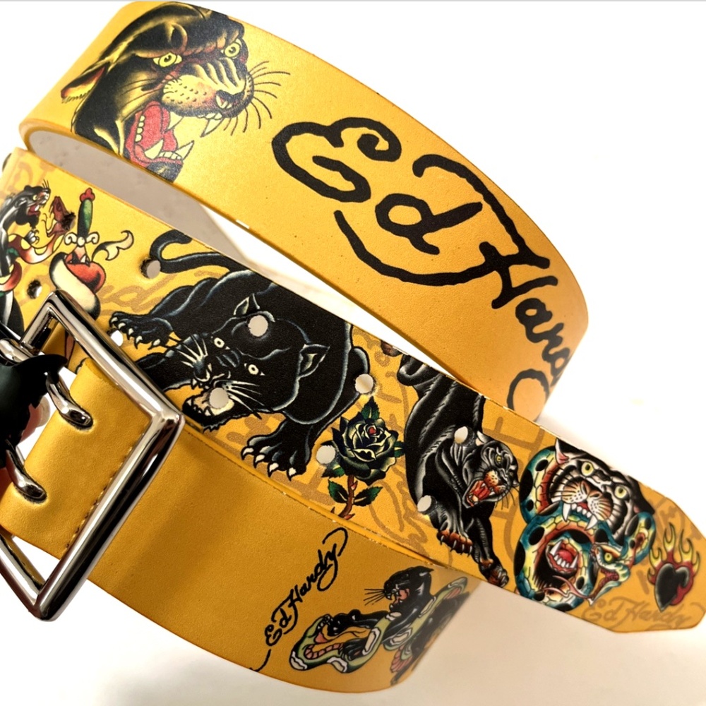 NWT Ed Hardy Yellow Tattoo Belt Studded PU Vegan Leather Panther Snake Heart
